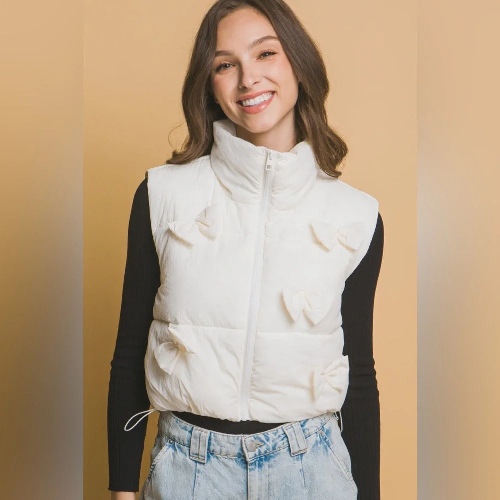 Love Tree Cream Puffer Vest with Bows, Size Small - Picture 2 of 10